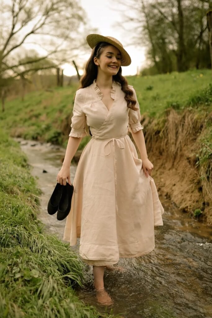 Beige Ruffled Wrap Dress + Boater Straw Hat + Black Ballet Flats