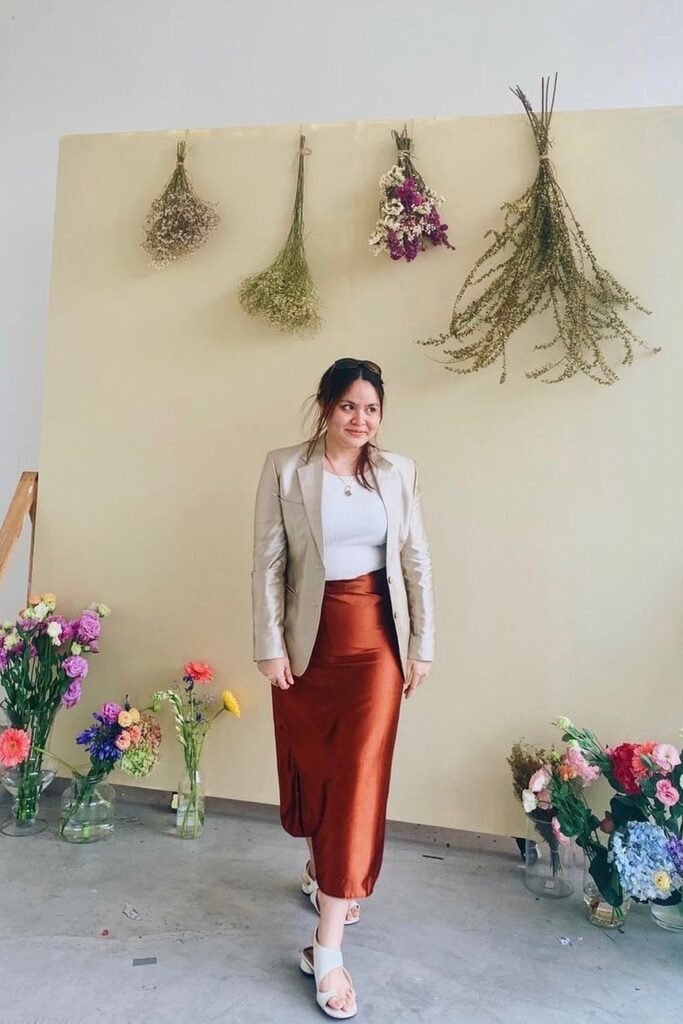 Beige Satin Blazer + White Ribbed Top + Copper Satin Midi Skirt + White Strappy Sandals