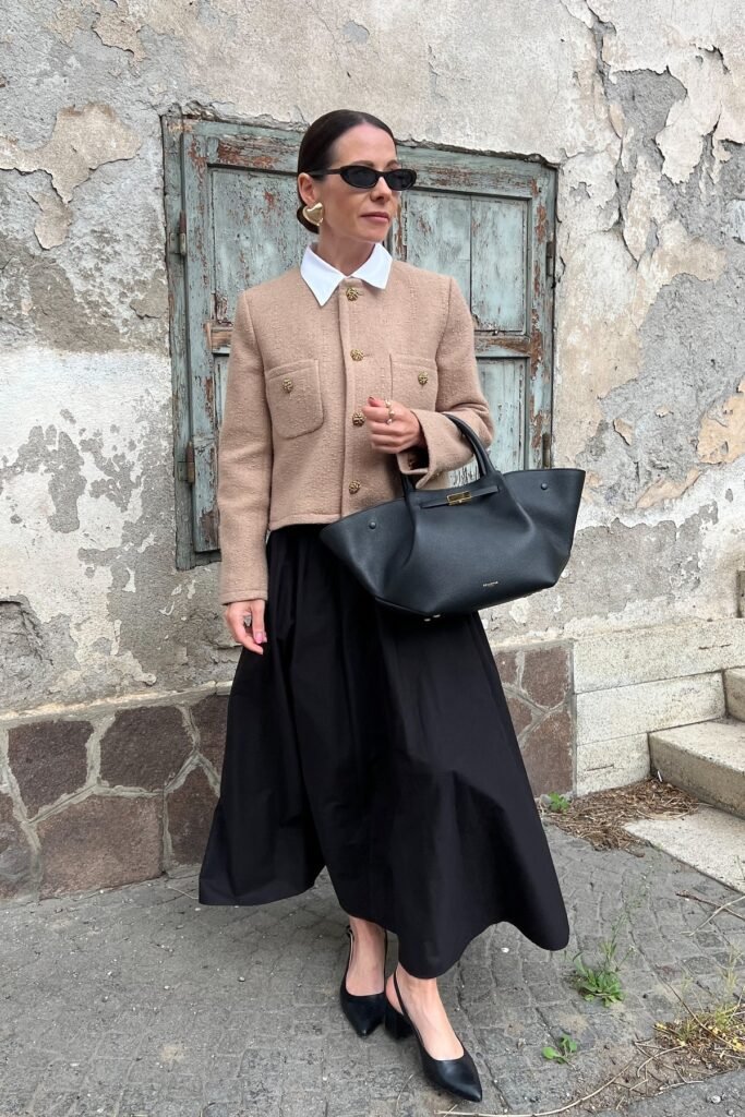 Beige Textured Crop Jacket + White Collared Shirt + Black Voluminous Midi Skirt + Black Slingback Heels