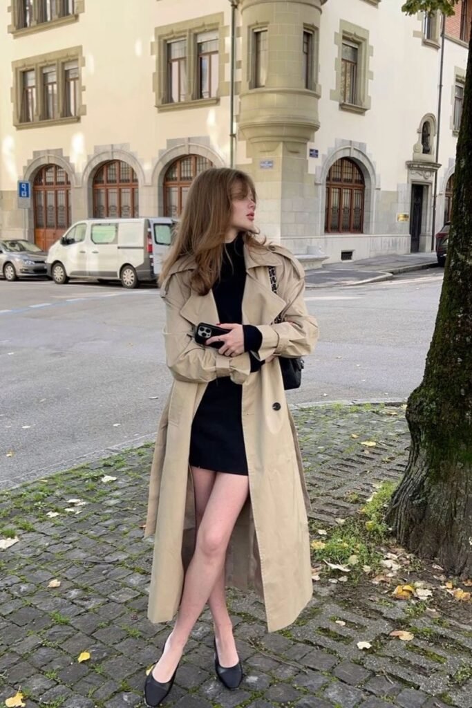 Beige Trench Coat + Black Mini Dress + Black Pointed Ballet Flats