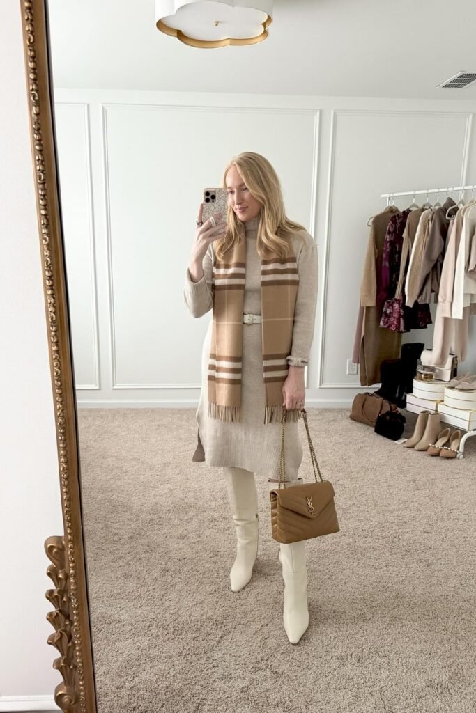 Beige Turtleneck Sweater Dress + Plaid Scarf + White Knee-High Boots
