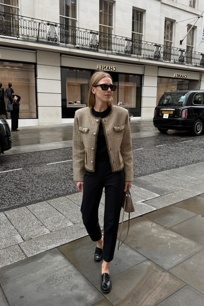 Beige Tweed Jacket + Black Top + Black Cropped Trousers + Black Loafers