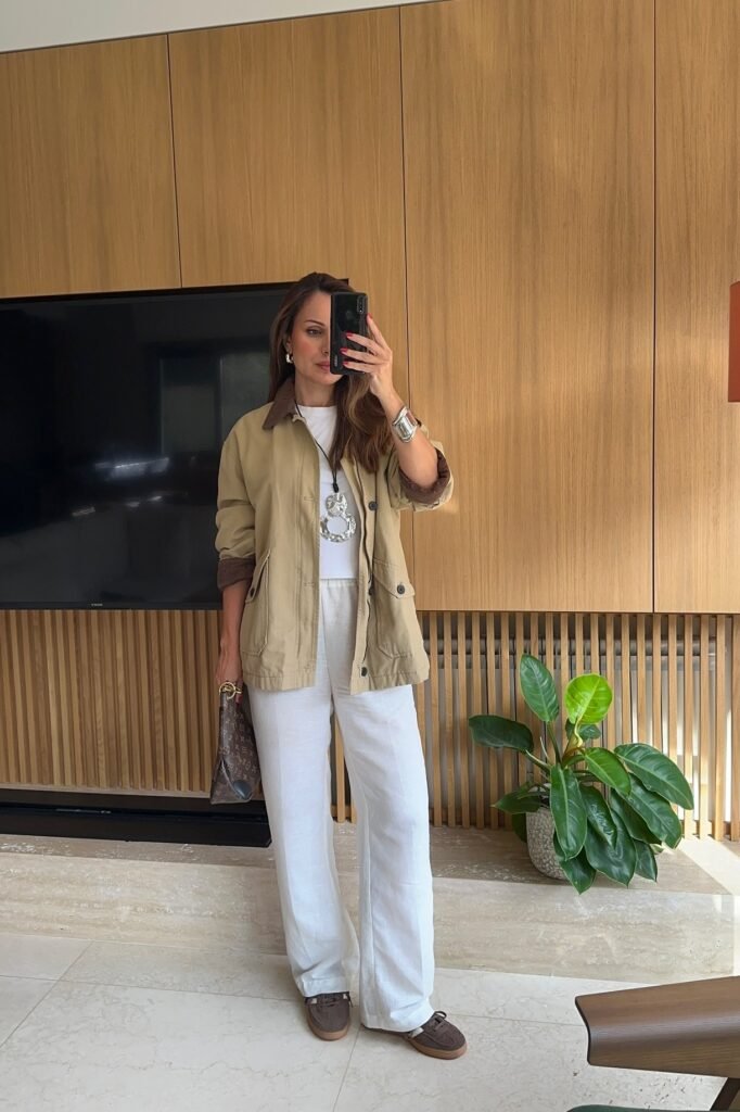 Beige Utility Jacket + White T-Shirt + White Linen Trousers + Brown Sneakers