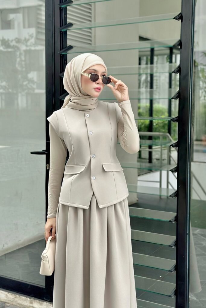 Beige Waistcoat & Maxi Skirt Set + Matching Beige Hijab + Small Cream Purse