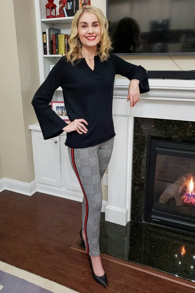 Black Bell-Sleeve Top + Plaid Trousers with Red Racing Stripe + Black Pointed-Toe Pumps