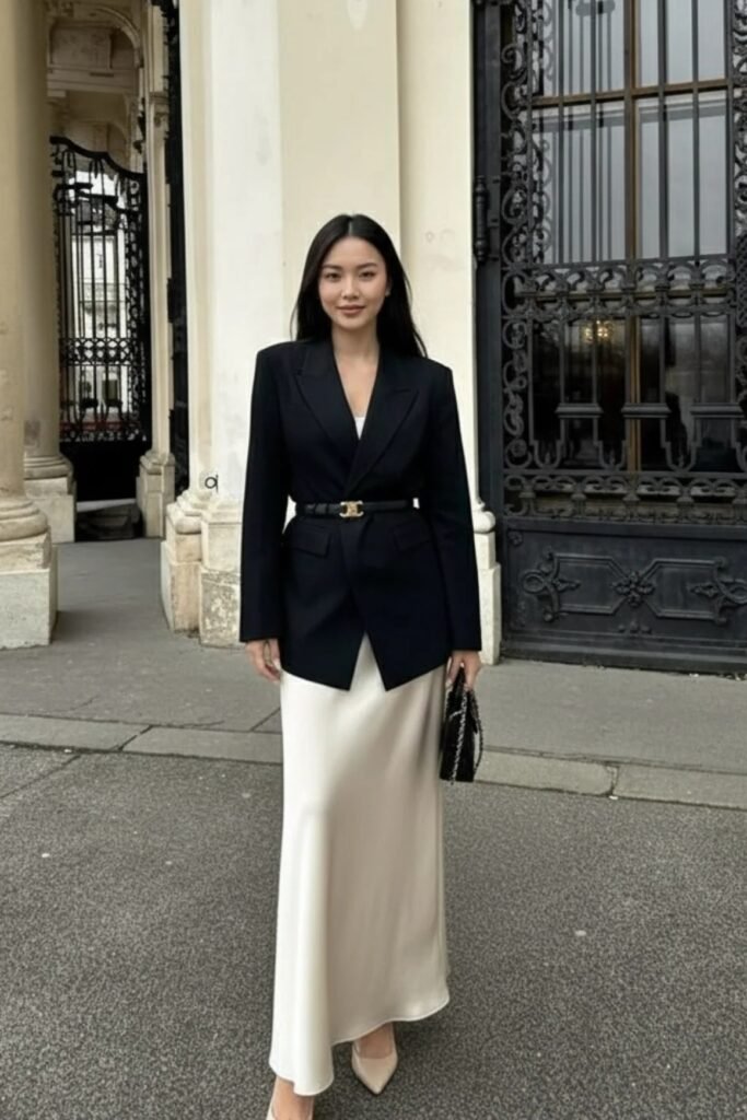 Black Belted Blazer + Cream Satin Maxi Skirt + Nude Pointed-Toe Heels