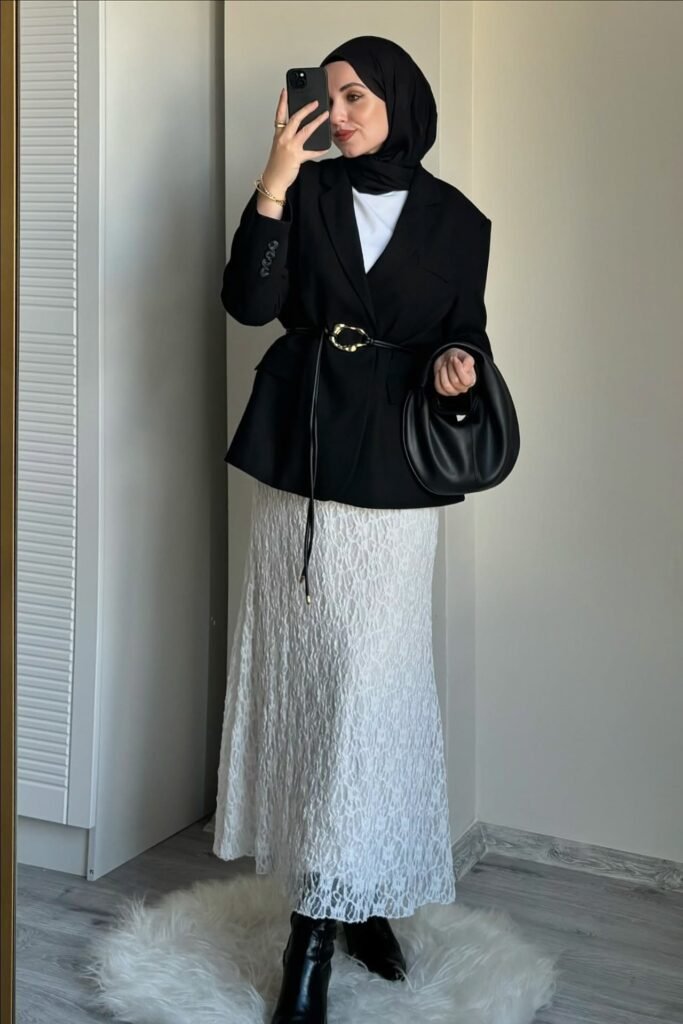 Black Belted Blazer + White Lace Maxi Skirt + Black Pointed Boots