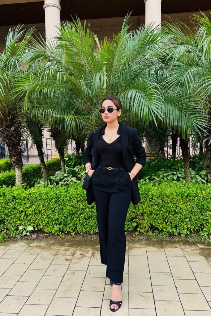 Black Blazer + Black Ribbed V-Neck Top + Black Tailored Trousers + Black Strappy Sandals