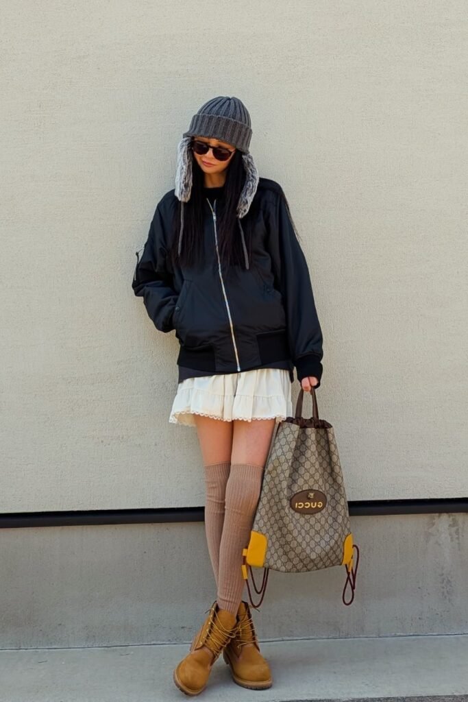 Black Bomber Jacket + White Mini Skirt + Tan Over-the-Knee Socks + Classic Tan Work Boots