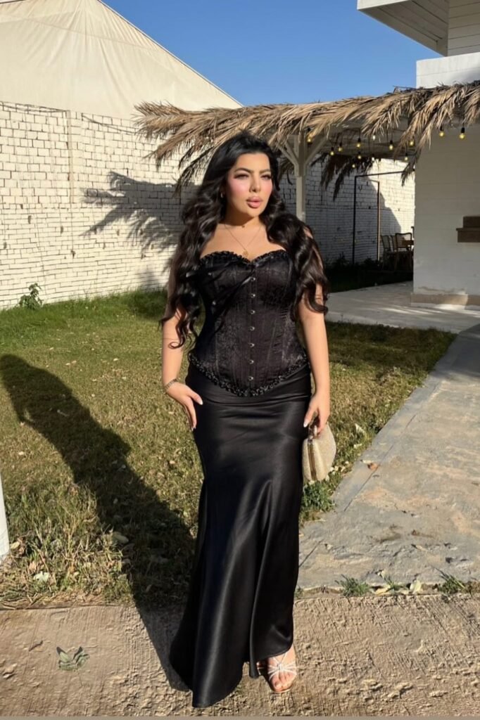 Black Brocade Corset + Black Satin Mermaid Skirt + Gold Clutch