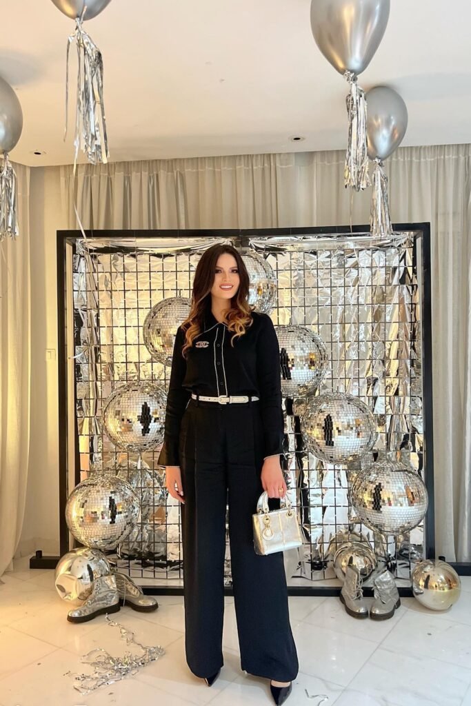 Black Button-Down Blouse + Black Wide-Leg Trousers + Silver Lady Dior Bag