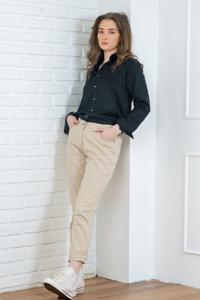 Black Button-Down Shirt + Beige Chino Pants + White High-Top Sneakers