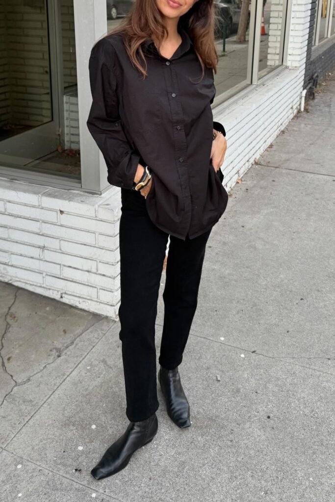 Black Button-Down Shirt + Black Slim Jeans + Black Square-Toe Boots