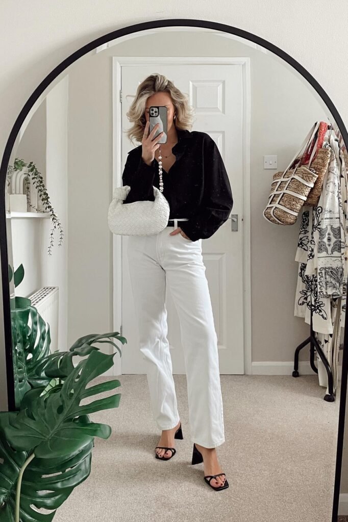 Black Button-Down Shirt + White Straight-Leg Jeans + Black Strappy Heeled Sandals