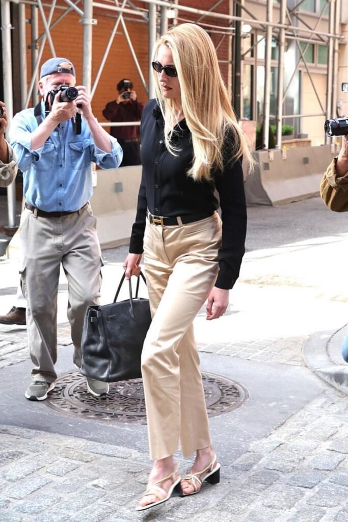 Black Button-Down Silk Shirt + Tan Straight-Leg Trousers + Strappy Heeled Sandals