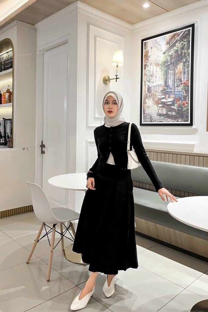 Black Button-Up Cardigan + White Undershirt + Black A-Line Midi Skirt + White V-Neck Loafers