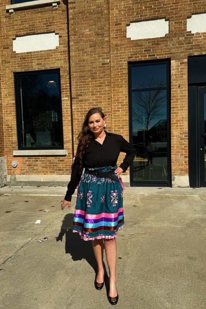 Black Button-Up Shirt + Teal Geometric Ribbon Skirt + Black Logo Pumps