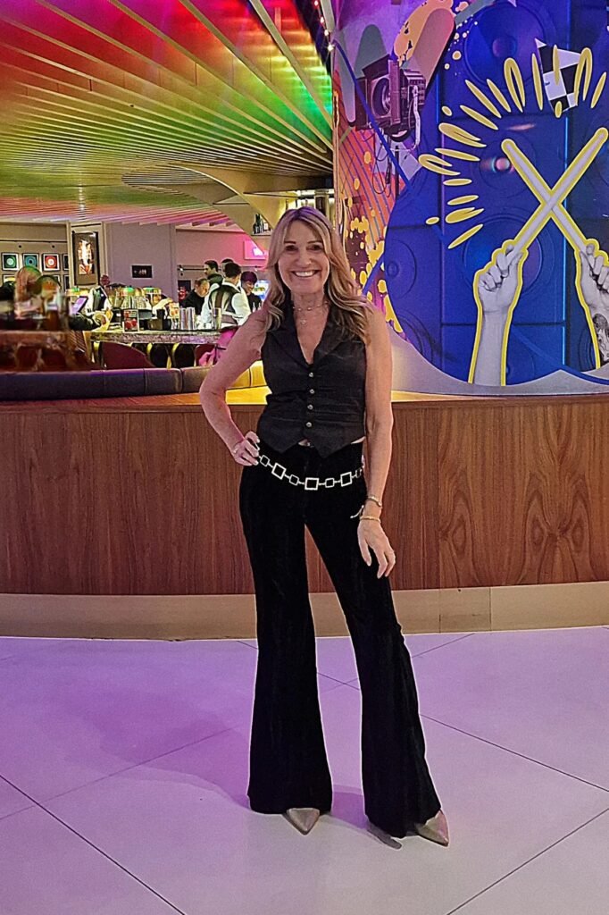 Black Button-Up Vest + Black Velvet Flared Trousers + Silver Pointed-Toe Heels