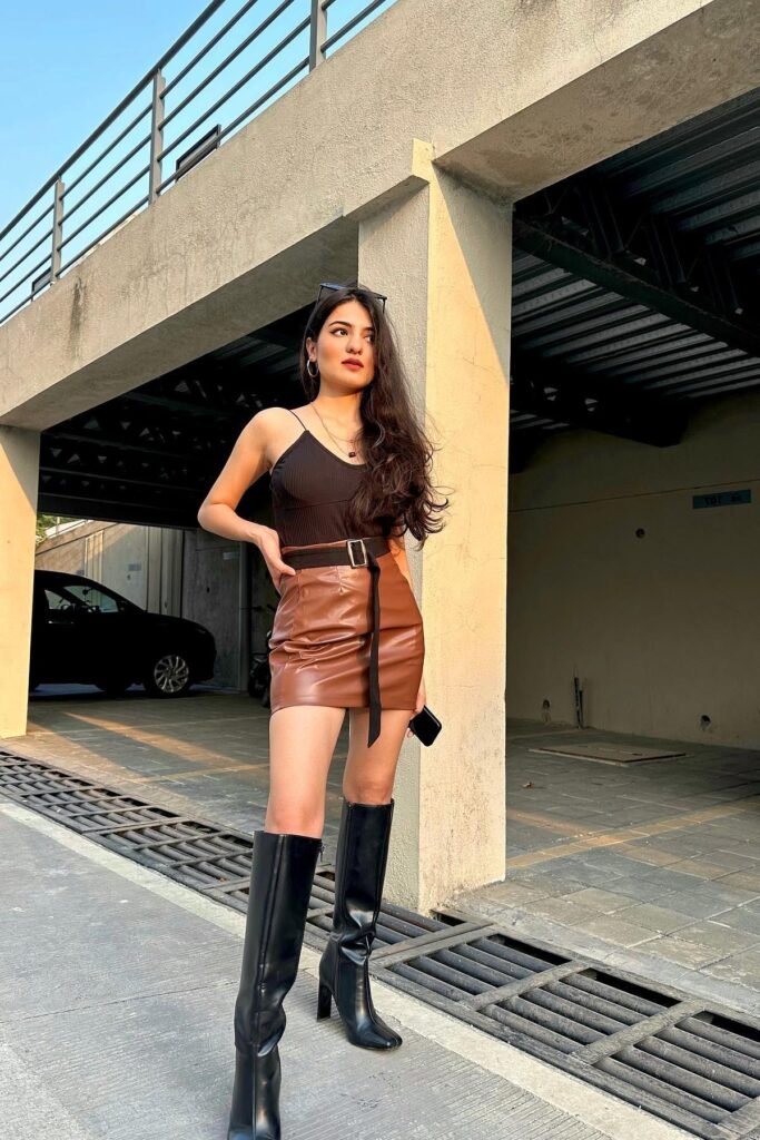 Black Cami Top + Brown Leather Mini Skirt + Black Knee-High Boots