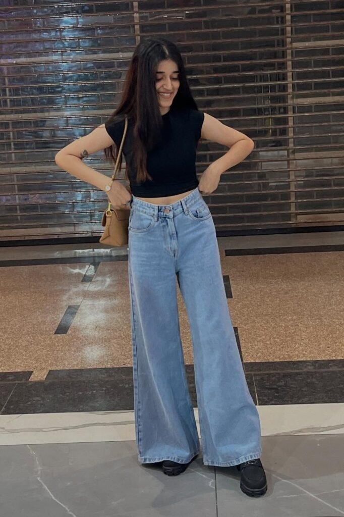 Black Cap-Sleeve Crop Top + Light Blue Wide-Leg Jeans + Black Chunky Loafers