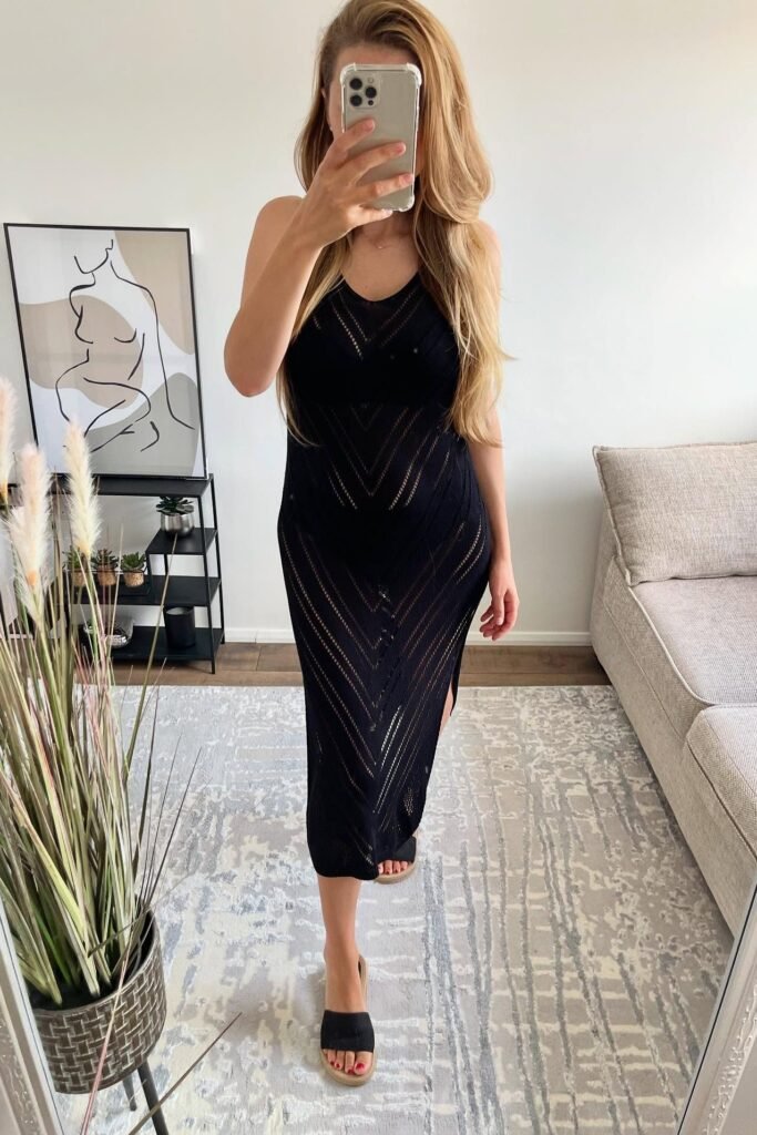 Black Chevron Knit Cover-Up Midi Dress + Black Wide-Strap Slides