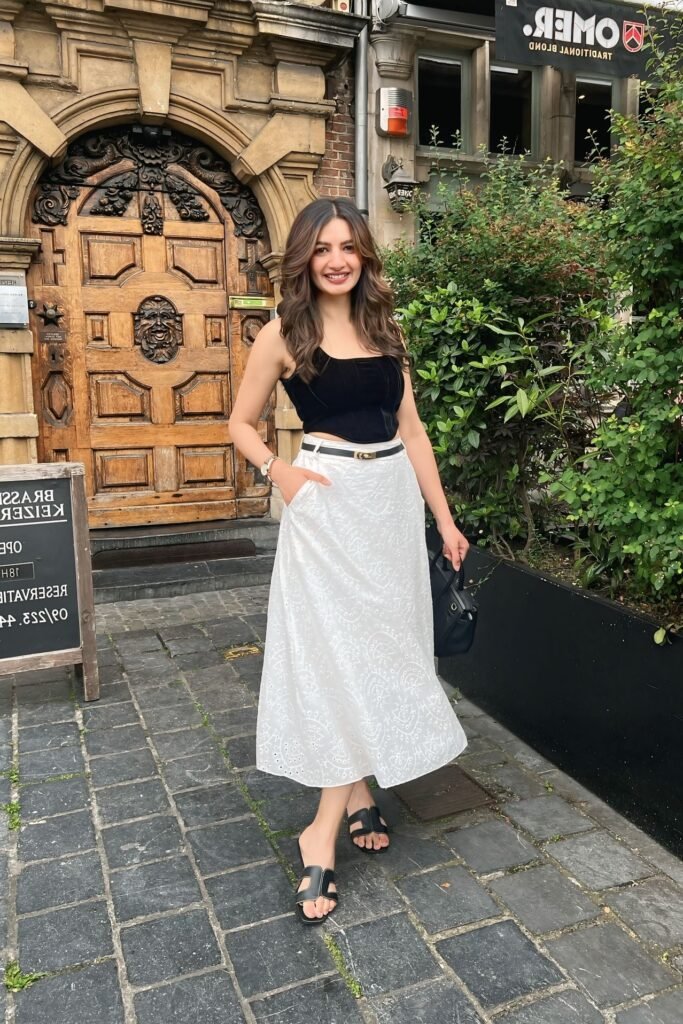 Black Corset Top + White Eyelet Midi Skirt + Black Strappy Sandals