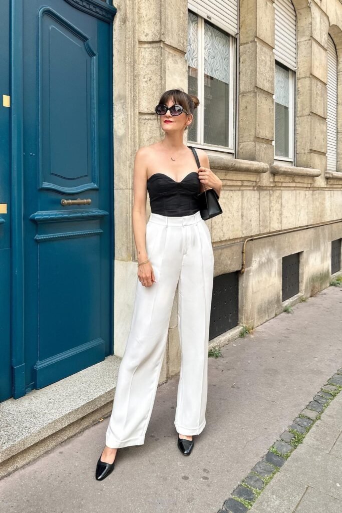 Black Corset Top + White Wide-Leg Trousers + Black Pointed-Toe Flats