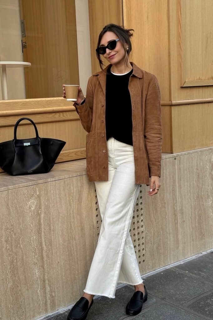 Black Crew-Neck Top + White Wide-Leg Jeans + Brown Suede Shacket + Black Loafers