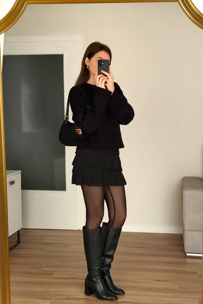 Black Crewneck Sweater + Black Ruffled Mini Skirt + Sheer Tights + Black Knee-High Boots