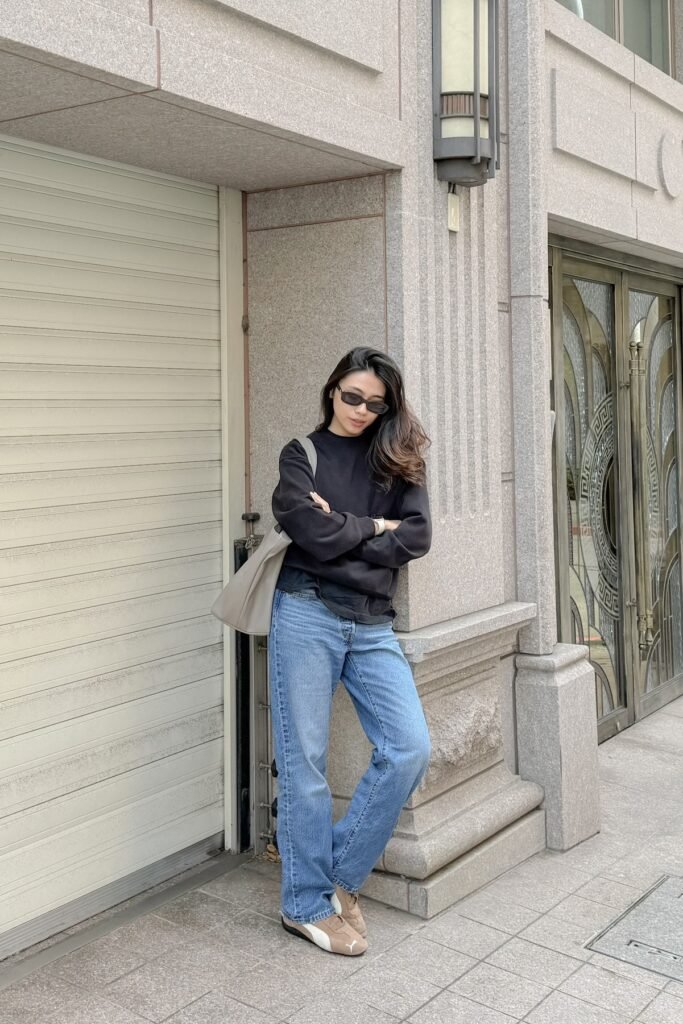 Black Crewneck Sweatshirt + Classic Blue Jeans + Tan and White Sneakers