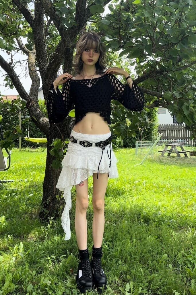 Black Crochet Off-the-Shoulder Crop Top + White Ruffled Lace Mini Skirt + Black Platform Combat Boots