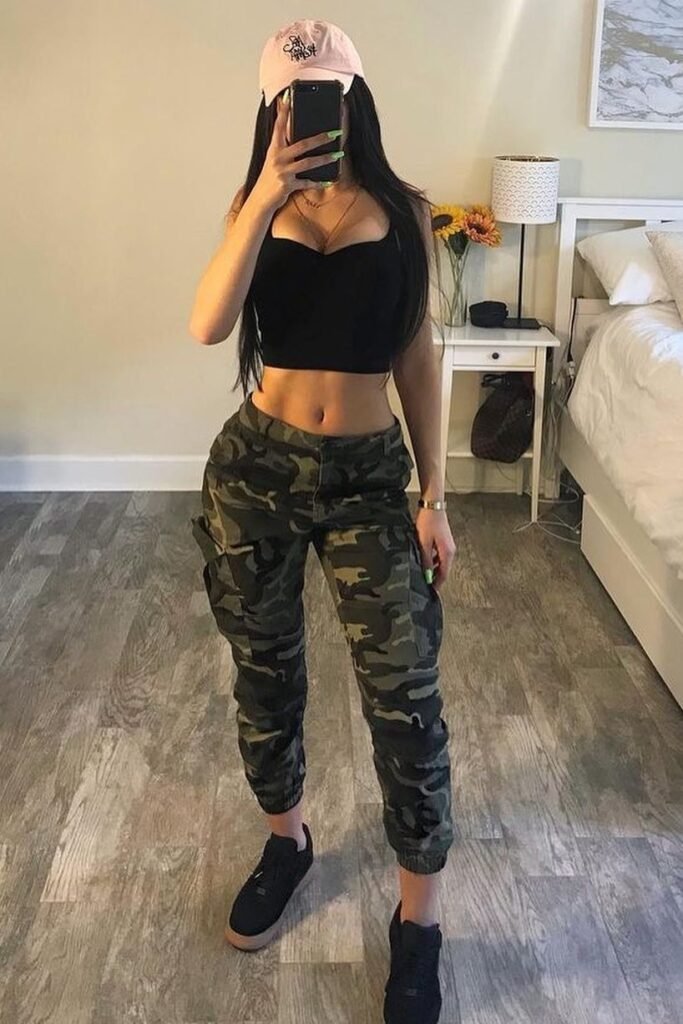 Black Crop Top + Camo Cargo Joggers + Black Sneakers