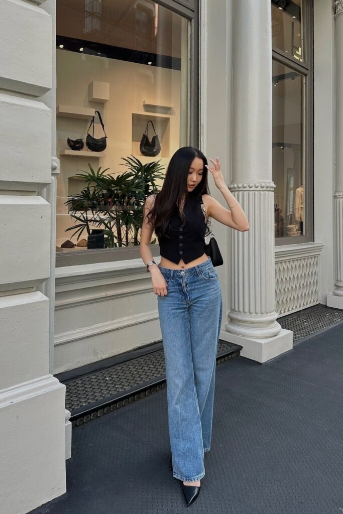 Black Cropped Button-Up Vest + Light Wash Wide-Leg Jeans + Black Pointed-Toe Heels