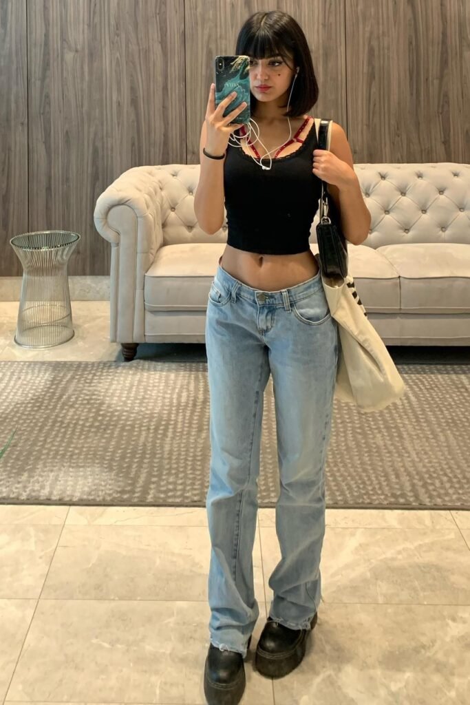 Black Cropped Tank Top + Low-Rise Straight-Leg Jeans + Chunky Black Platform Shoes