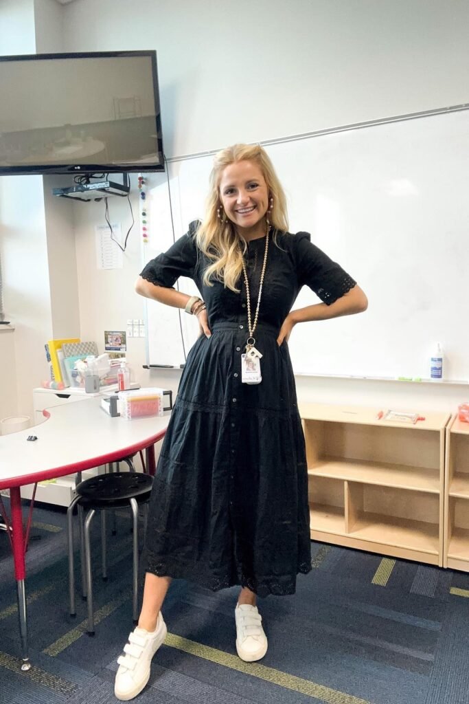 Black Eyelet Button-Down Midi Dress + White Velcro Sneakers