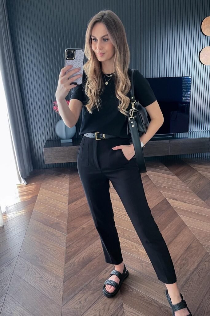 Black Fitted T-Shirt + Black Tailored Slim-Fit Trousers + Black Chunky Double-Strap Sandals