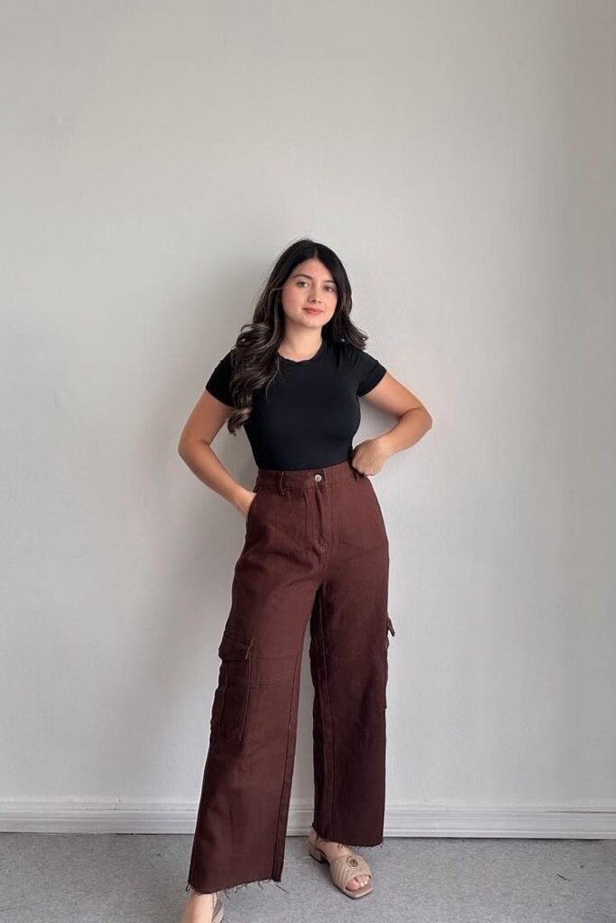 Black Fitted T-Shirt + Brown Cargo Pants + Beige Heeled Sandals