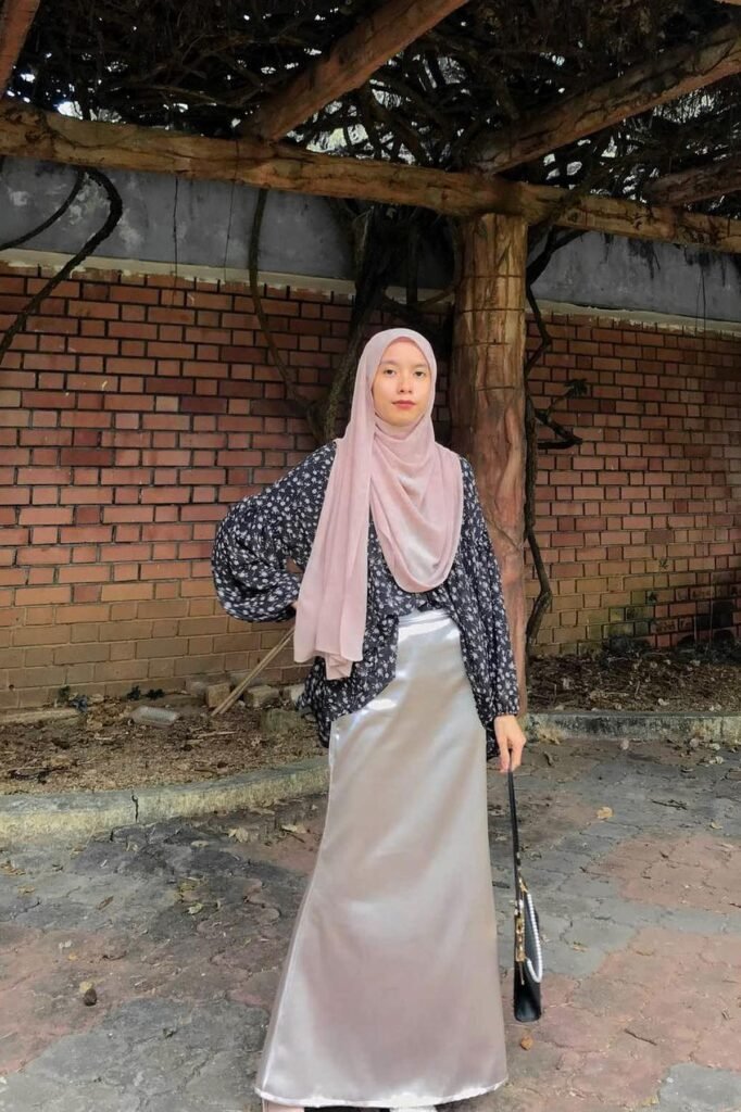 Black Floral Blouse + Silver Satin Maxi Skirt + Black Handbag