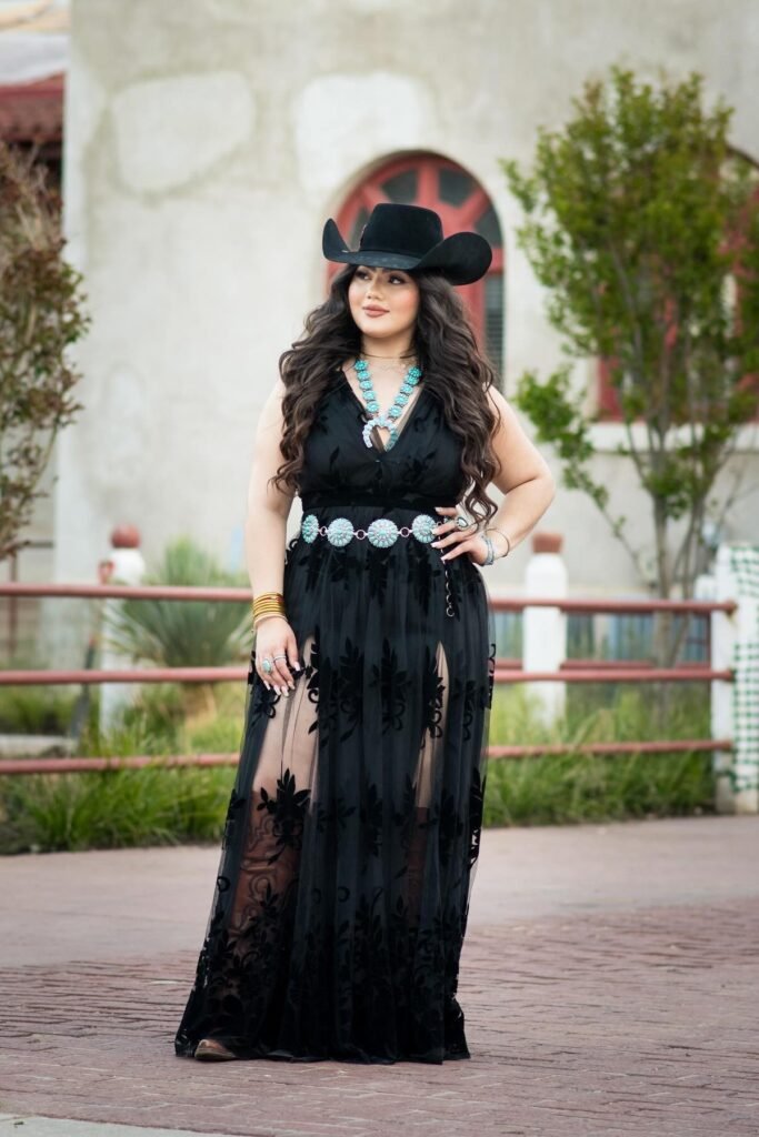 Black Floral Sheer Maxi Dress + Black Cowboy Hat + Turquoise Squash Blossom Necklace + Turquoise Concho Belt