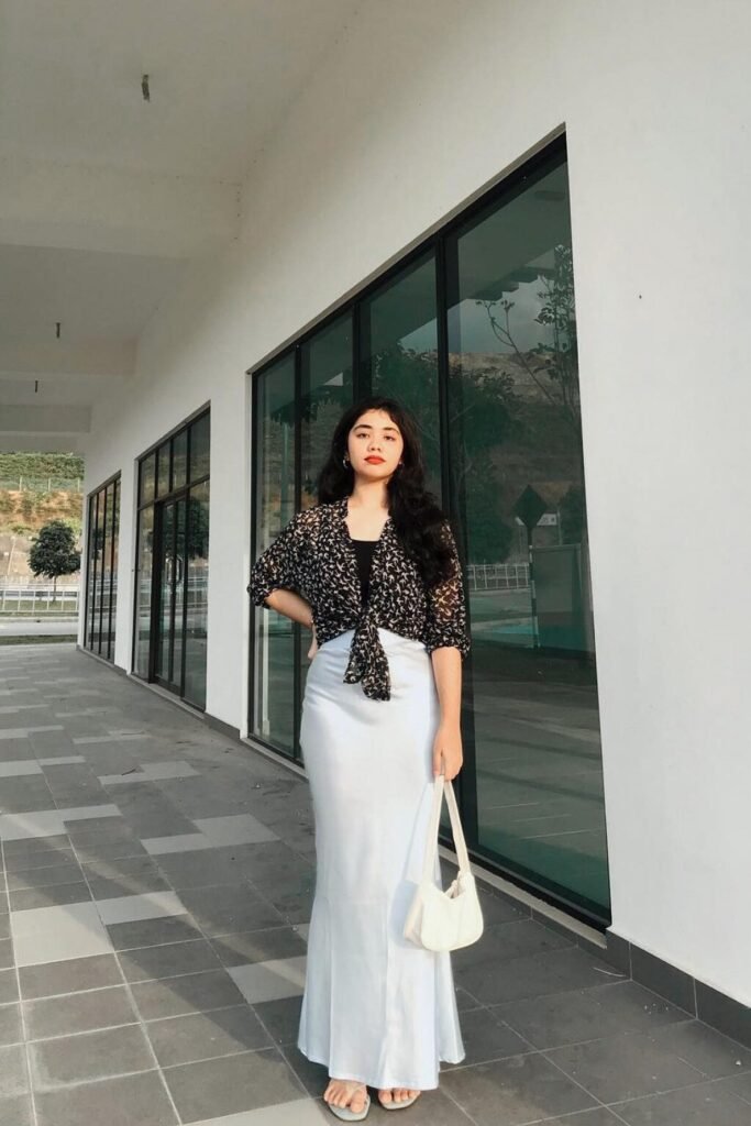 Black Floral Tie-Front Blouse + White Satin Maxi Skirt + White Flip-Flops