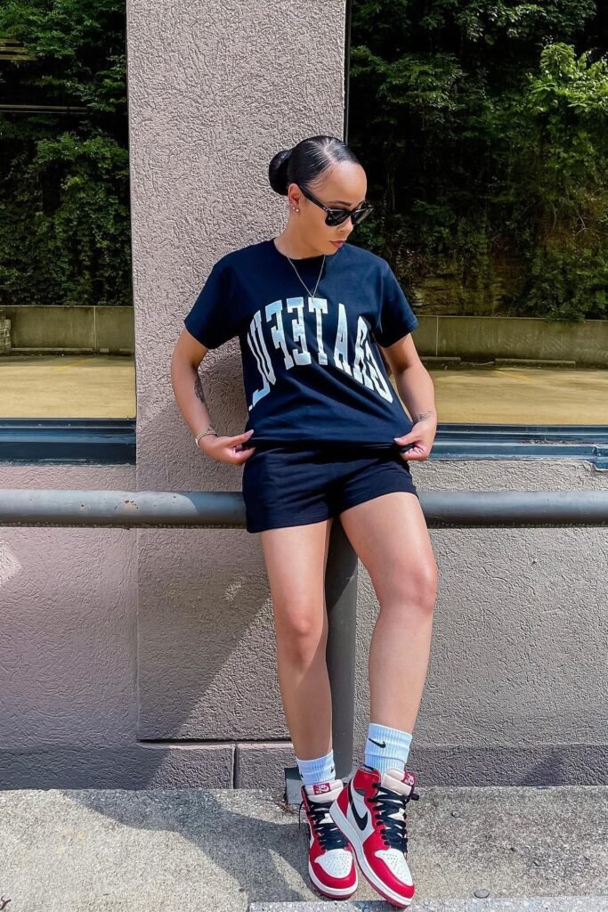 Black "GRATEFUL" Graphic T-Shirt + Black Athletic Shorts + Red and White High-Top Sneakers