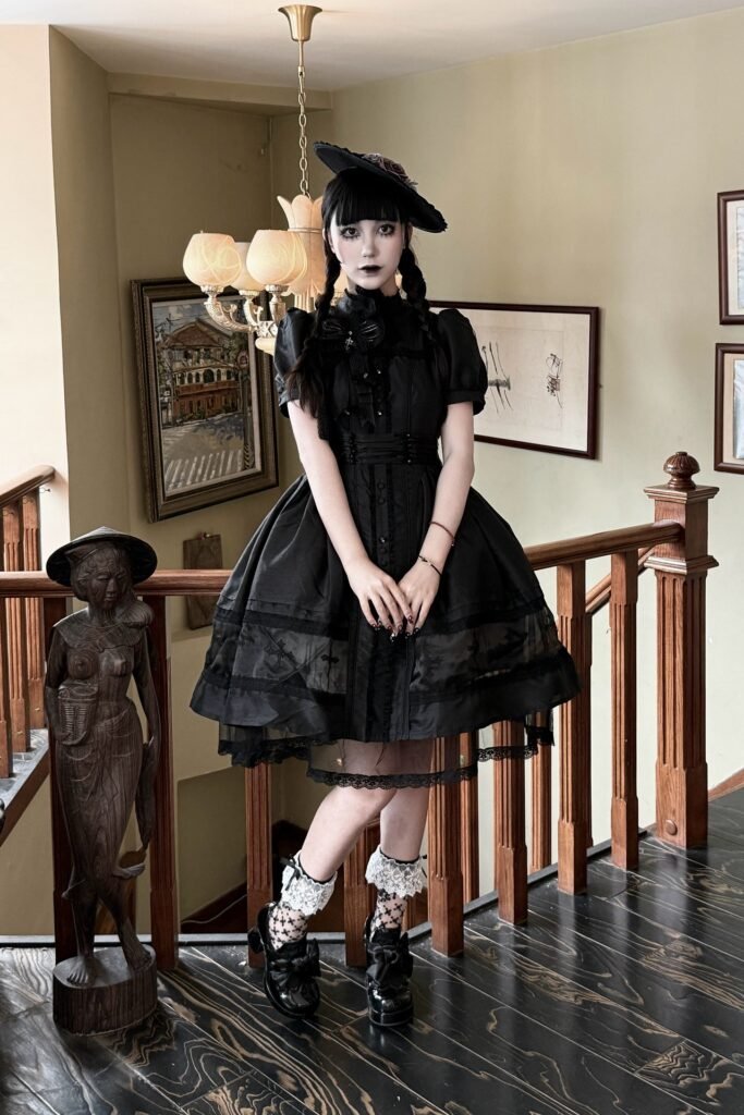 Black Gothic Lolita Dress + Lace-Trimmed Patterned Socks + Black Bow Heels