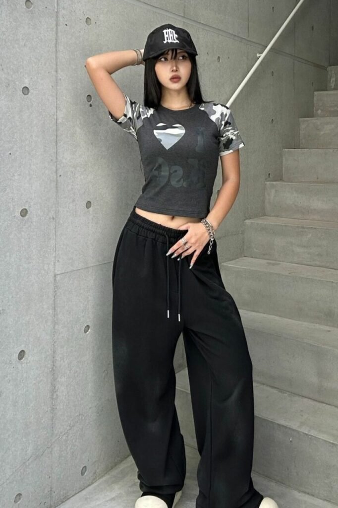 Black Graphic Baseball Cap + Grey Camo Heart Raglan Tee + Oversized Black Sweatpants + White Sneakers