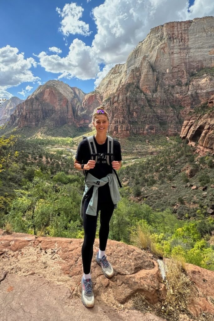 Black Graphic T-Shirt + Black Athletic Leggings + Grey & Blue Trail Runners