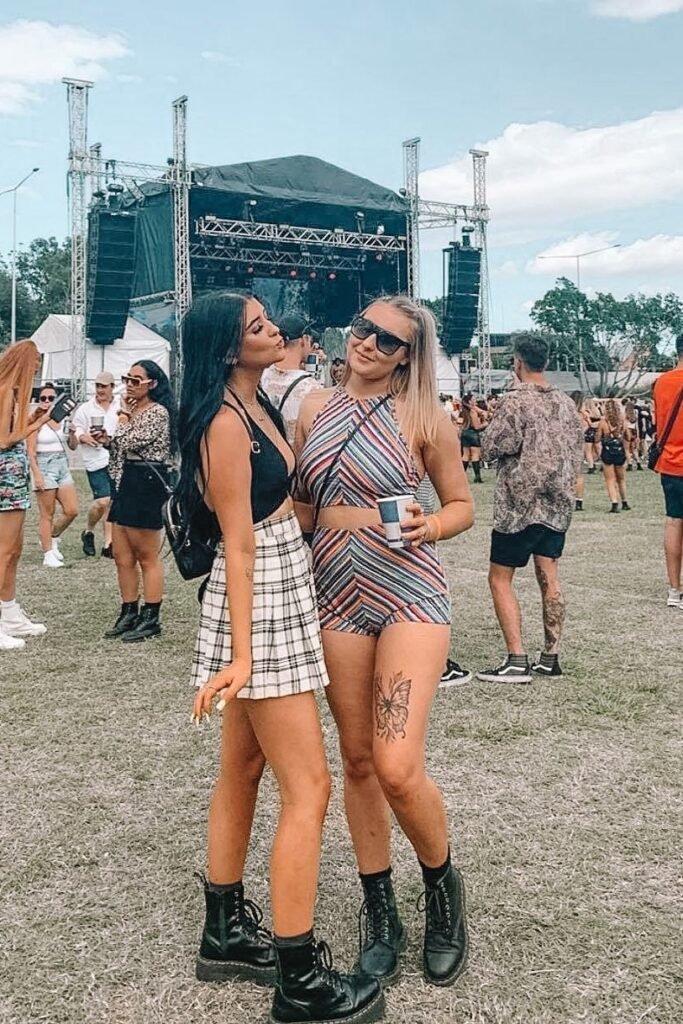 Black Halter Crop Top + White Plaid Pleated Skirt (Left) & Multi-Color Chevron Halter Set (Right) + Black Combat Boots