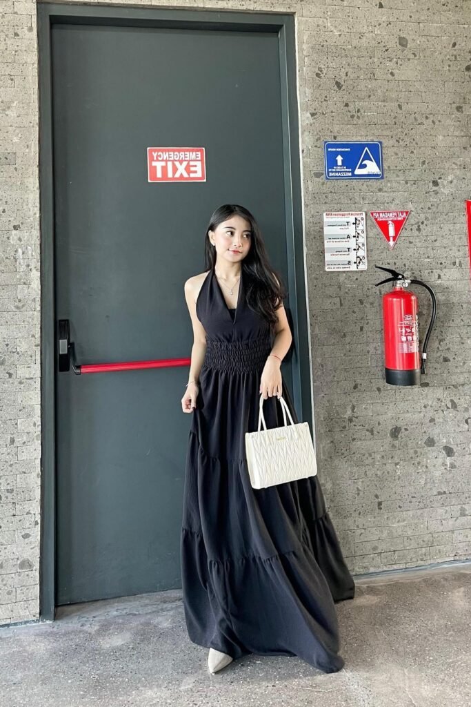 Black Halter Maxi Dress + White Quilted Handbag + Beige Pointed Heels