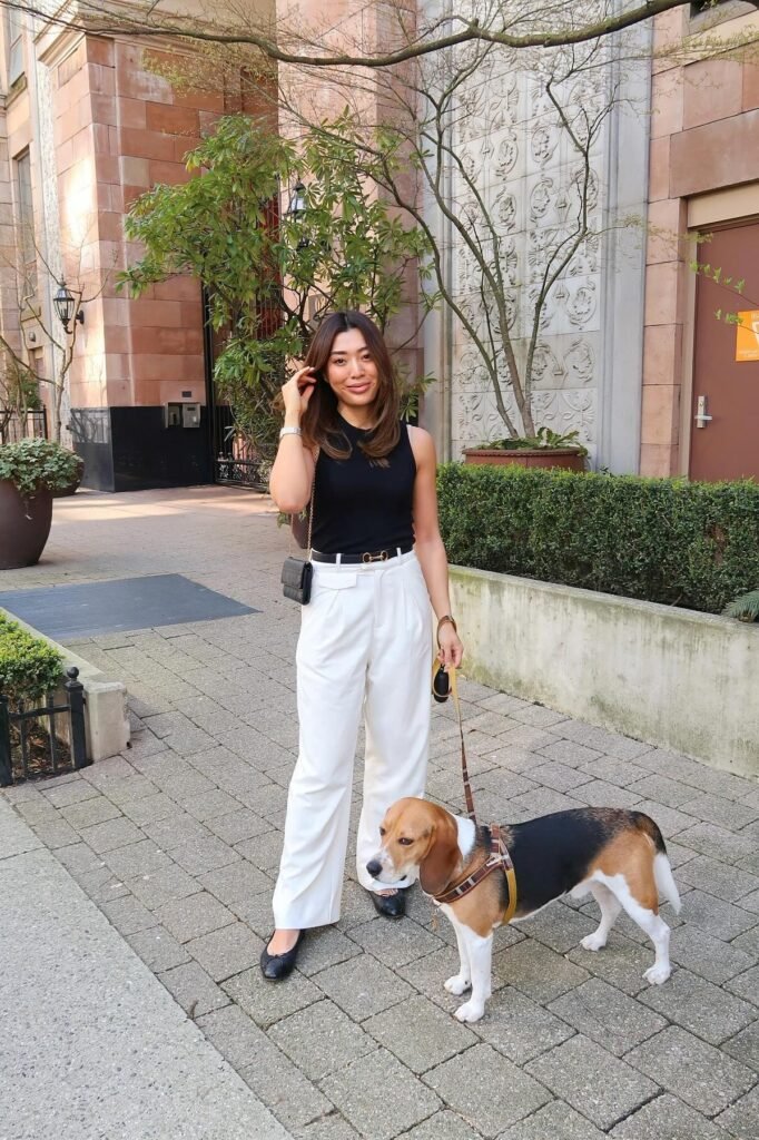 Black High-Neck Tank Top + White High-Waisted Trousers + Black Ballet Flats