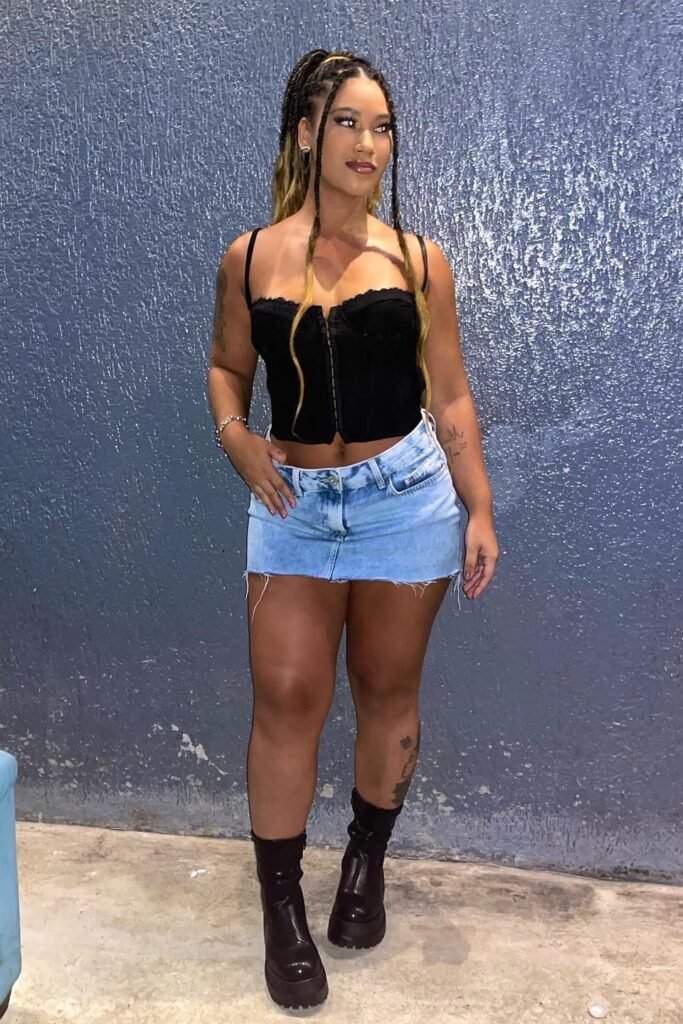 Black Hook-and-Eye Corset Top + Distressed Denim Mini Skirt + Black Chunky Platform Boots