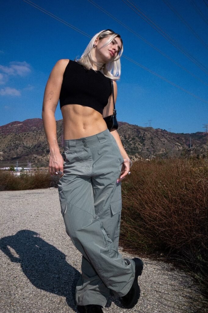 Black Knit Crop Top + Slate Grey Wide-Leg Cargo Pants + Black Platform Boots