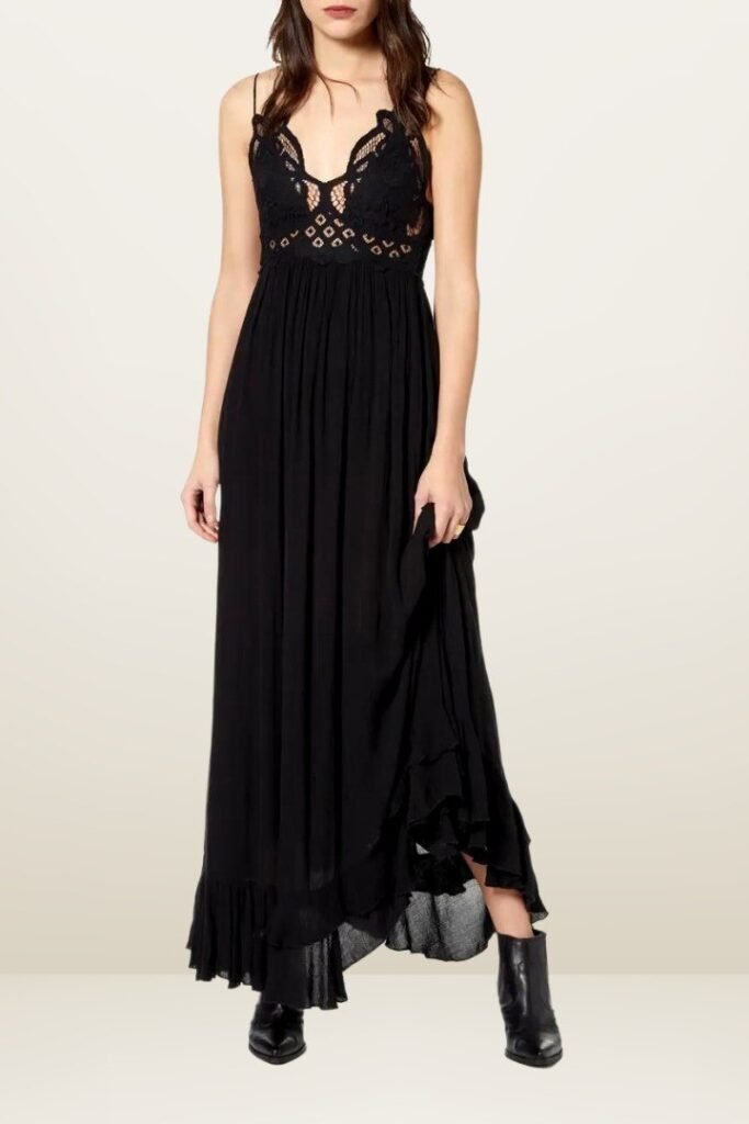 Black Lace Bodice Maxi Dress + Spaghetti Straps + Black Ankle Boots